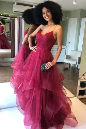 Burgundy Backless Maroon Shiny V-Neck Formal Evening Dress Prom Dress