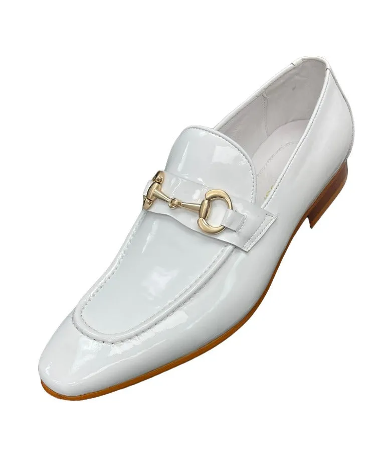 Carrucci White Shiny Patent Leather Men's Slip On Dress Shoes Gold  Buckle