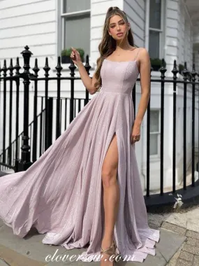Dusty Purple Shiny Satin Spaghetti Strap Lace Up Back Prom Dresses, CP0844