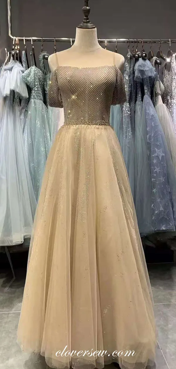 Gold Champagne Bead Shiny Tulle Gorgeous Prom Dresses, CP0661