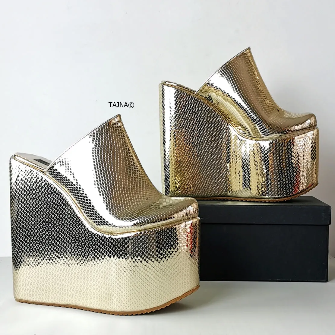 Gold Shiny Sabo Wedge Mules