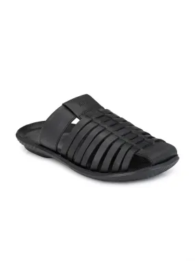 Hitz Men's Black Leather Indoor Outdoor Comfort Slippers
