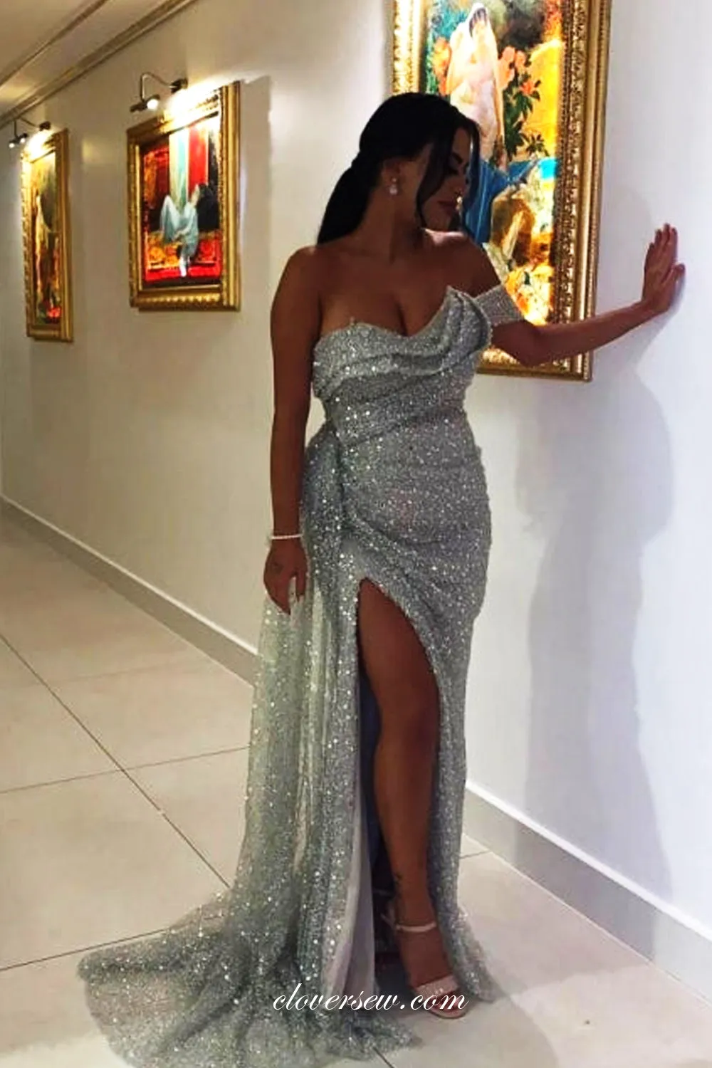 Light Grey Sequined Tulle Pleating Strapless Sheath With Slit Sparking Prom Dresses, CP0998