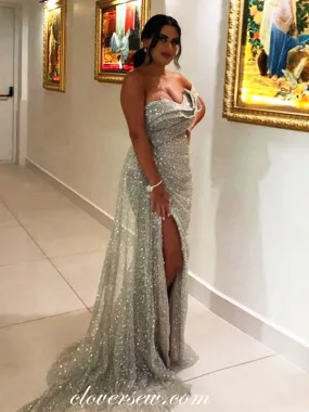 Light Grey Sequined Tulle Pleating Strapless Sheath With Slit Sparking Prom Dresses, CP0998