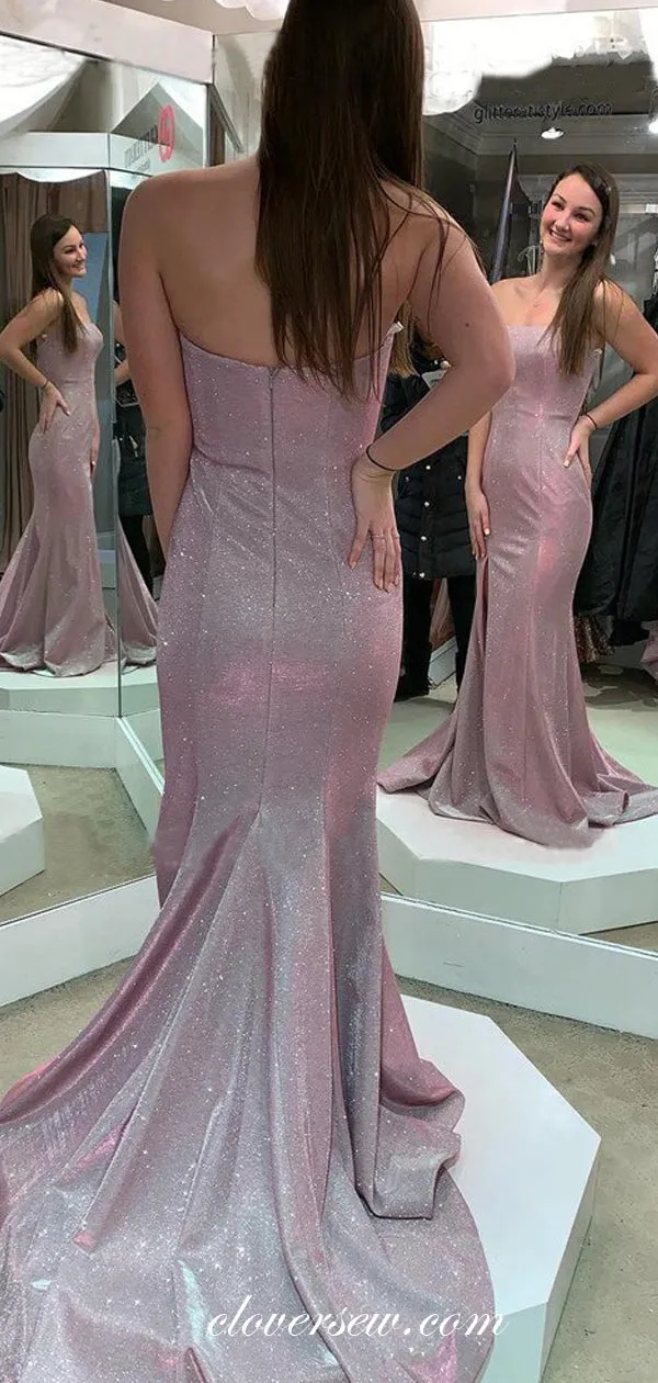 Lilac Shiny Satin Strapless Mermiad Sweep Train Prom Dresses,CP0270