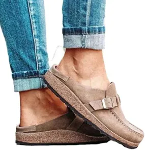NEW Lightweight Women's Fashion Sandals Casual Comfy Clogs Platform Suede Slip On Sandals Summer Home Office Shoes Flat Mule Round Toe Loafer Shoes Closed Toe Walking Slippers Lady Boat Shoes, Khaki Sz 8.5