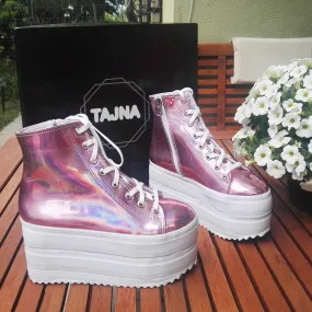 Pink Shiny Lace Up Sport Wedge Platform Shoes