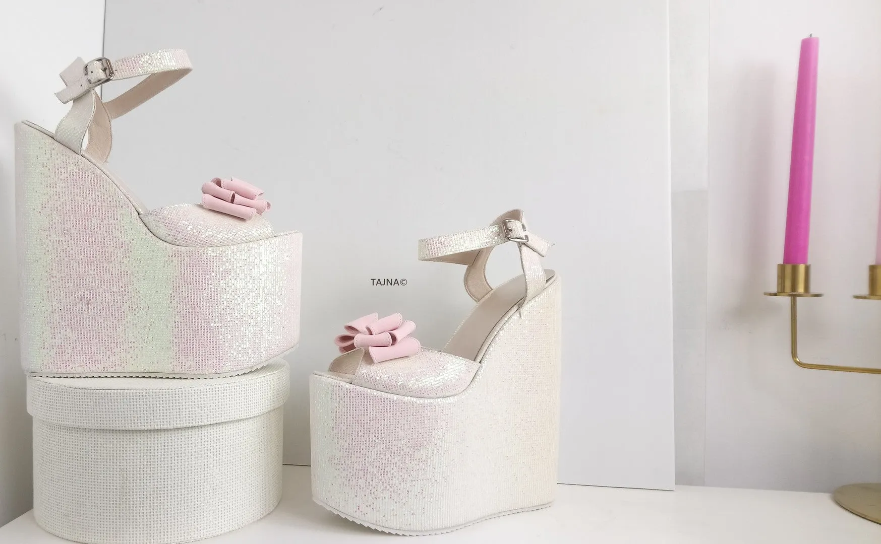 Shiny Ribbon High Heel Wedding Wedges