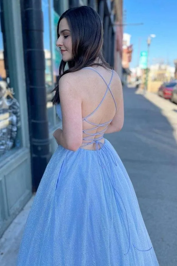 Shiny V Neck Backless Light Blue Long Prom Dresses Evening Dresses TP1018