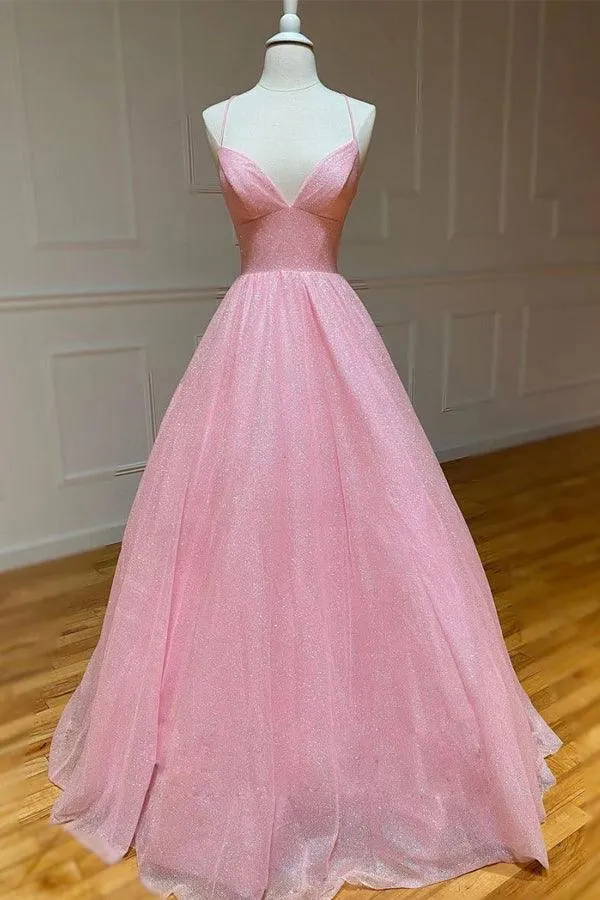 Shiny V Neck Backless Light Blue Long Prom Dresses Evening Dresses TP1018