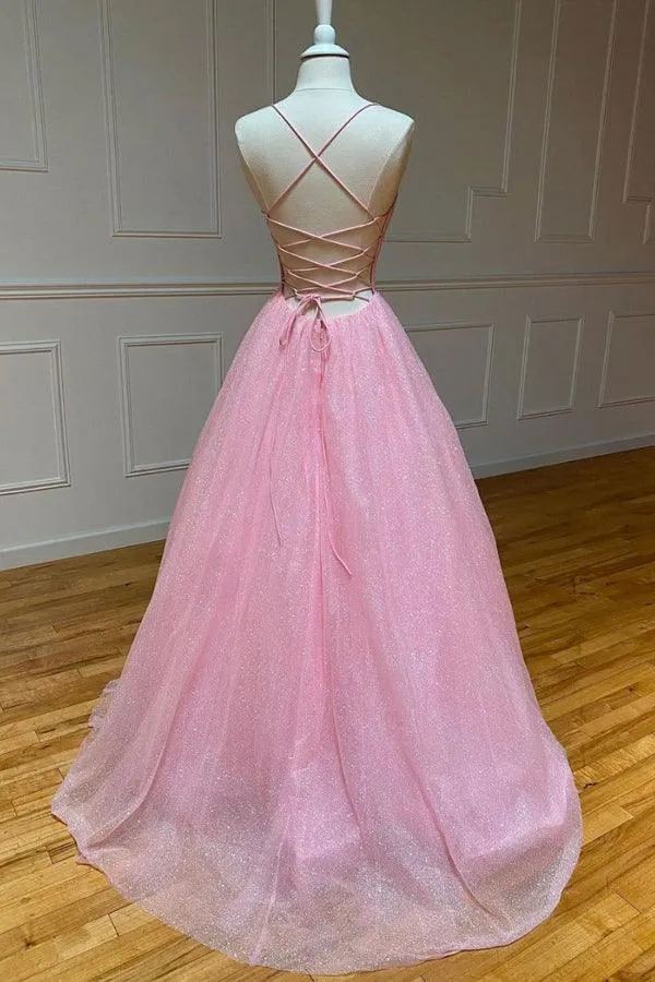 Shiny V Neck Backless Light Blue Long Prom Dresses Evening Dresses TP1018