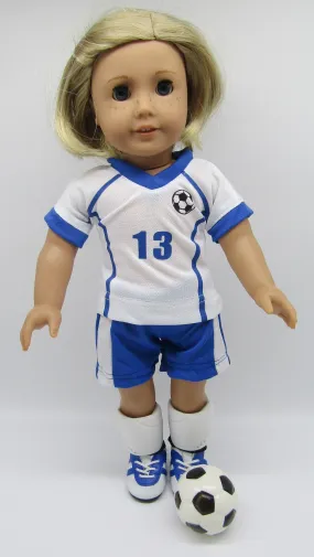 Soccer 6 Pc Outfit 18 inch Doll: Blue & White