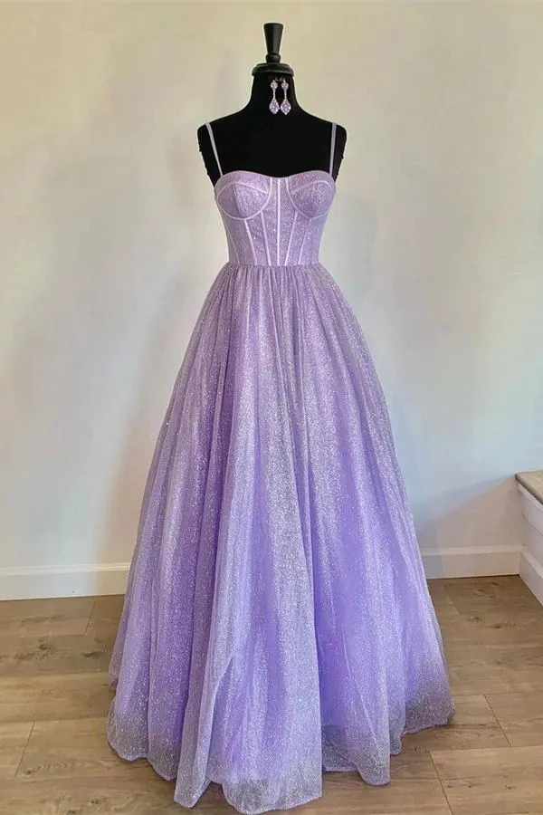 Sparkly Prom Dresses Spaghetti Straps Shiny Pink Graduation Dresses