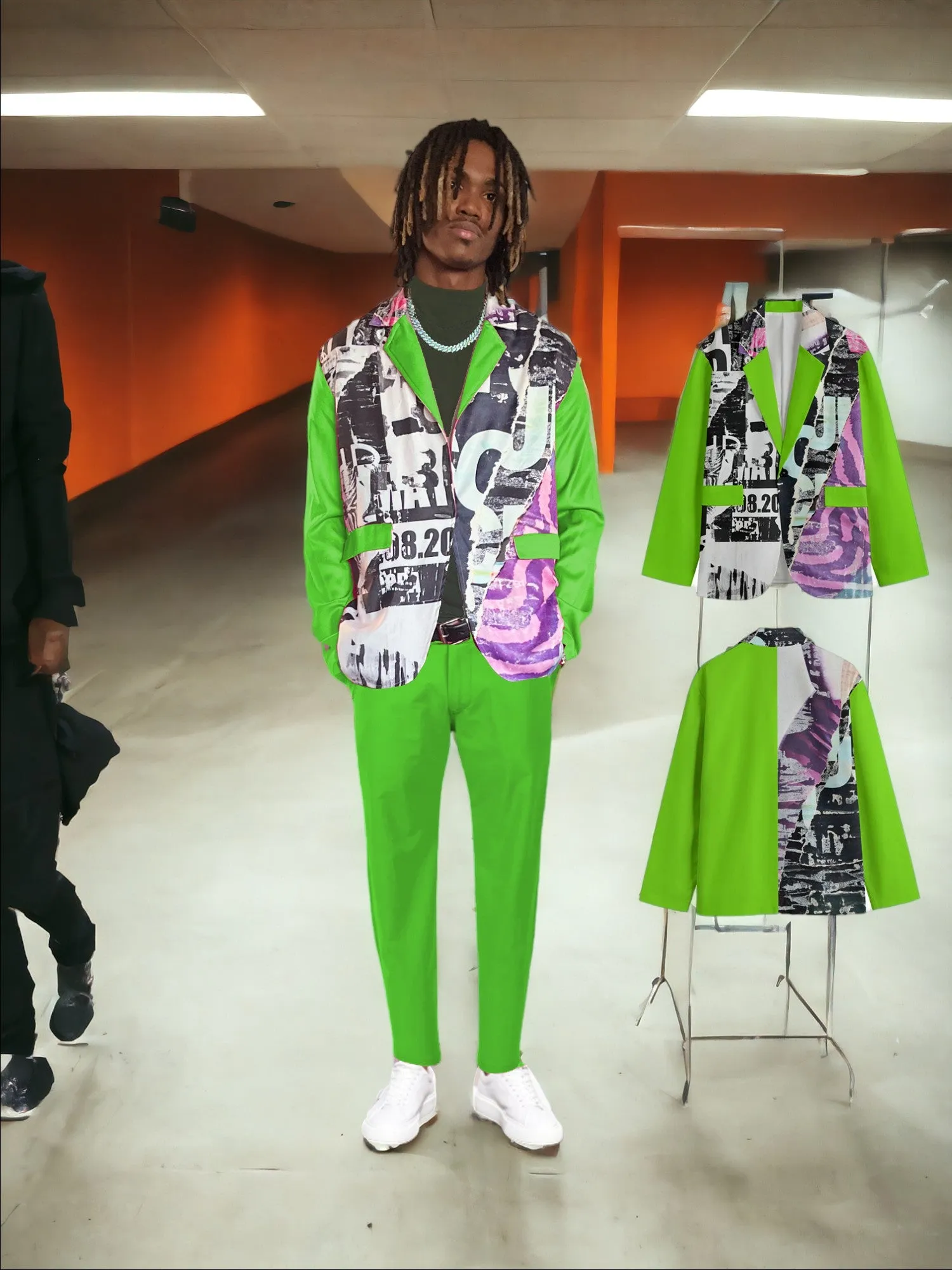 Urban Graphics Split Design Lime Green Men's Casual Flat Lapel Collar Blazer